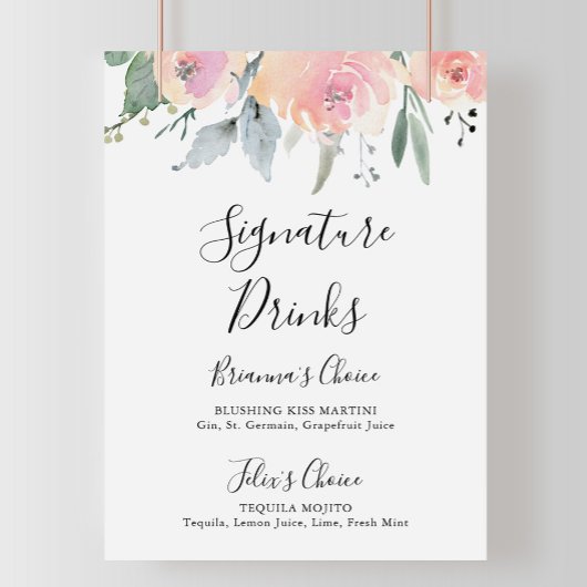 Elegant Roze Blush Bloemige Handtekening Dranken B Poster