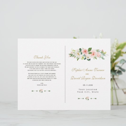 Elegant Roze Blush Crème Bloem Bruiloftsprogramma (Staand voorkant)