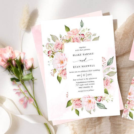 Elegant Roze, Blush en Roos Gouden Bloemen Bruilof Kaart