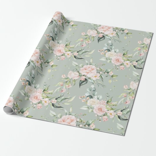 Elegant Roze Blush Eucalyptus Sage Green Cadeaupapier (Uitgerold)