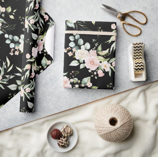 Elegant Roze Blush Eucalyptus Zwart Cadeaupapier (Crafts)