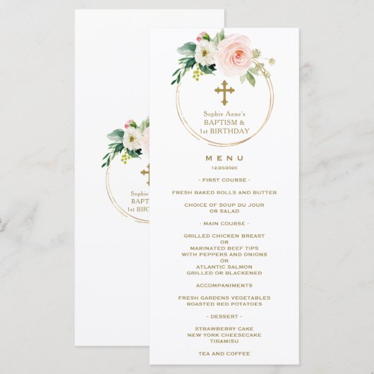 Elegant Roze Blush Floral 1st Birthday & Baptisme Menu (Voorkant / Achterkant)
