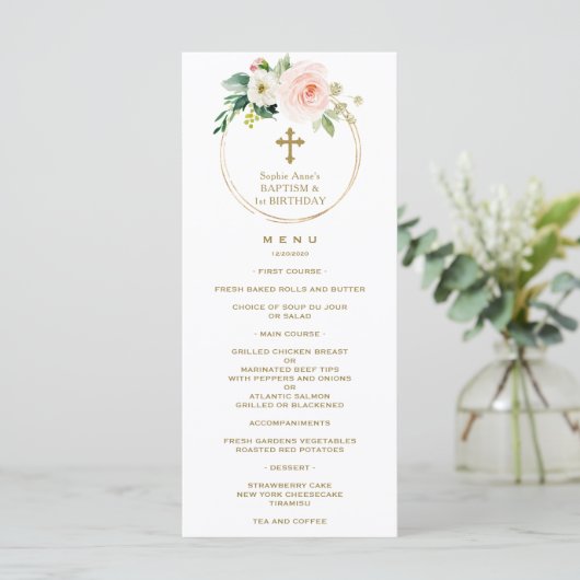 Elegant Roze Blush Floral 1st Birthday & Baptisme Menu (Staand voorkant)