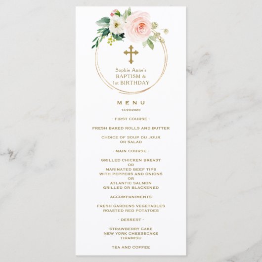 Elegant Roze Blush Floral 1st Birthday & Baptisme Menu (Voorkant)
