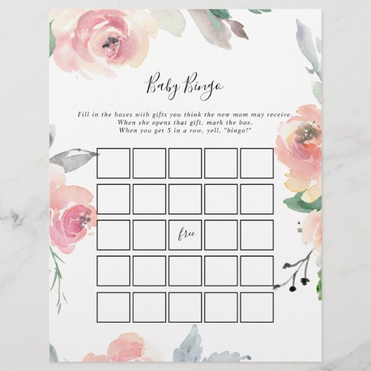 Elegant Roze Blush Floral Baby Bingo Shower Game (Voorkant)