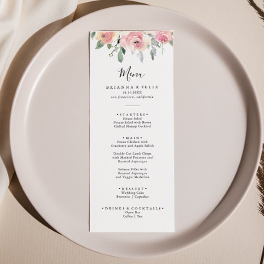 Elegant Roze Blush Floral Dinner Menu