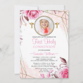 Elegant Roze Blush Floral Foto eerste mededeling I Kaart (Voorkant)