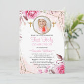 Elegant Roze Blush Floral Foto eerste mededeling I Kaart (Staand voorkant)