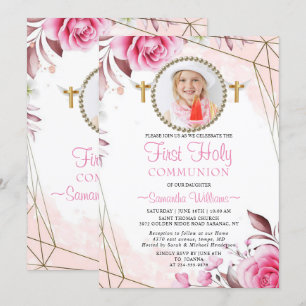 Elegant Roze Blush Floral Foto eerste mededeling I Kaart