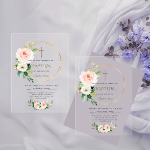 Elegant Roze Blush Floral Gold Cross Baptisme Acryl Uitnodigingen
