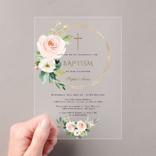 Elegant Roze Blush Floral Gold Cross Baptisme Acryl Uitnodigingen (Insitu (Draagbaar))