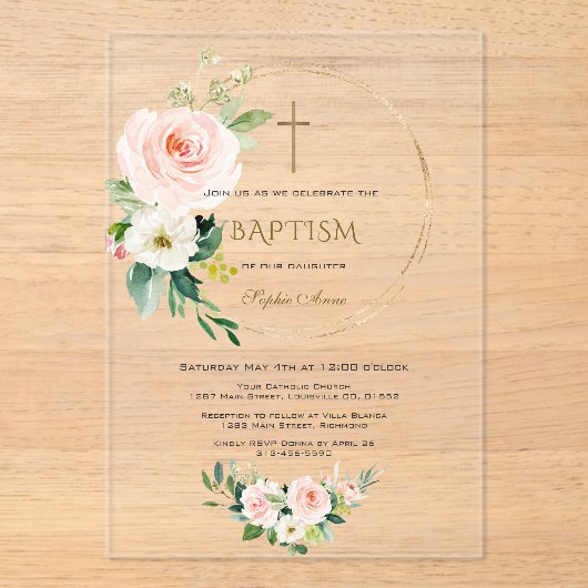 Elegant Roze Blush Floral Gold Cross Baptisme Acryl Uitnodigingen (Voorkant)