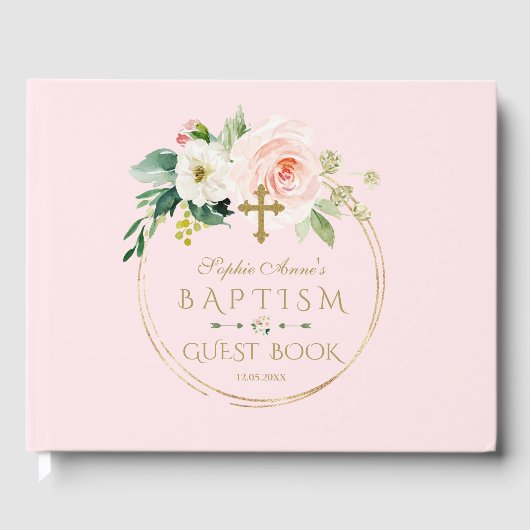 Elegant Roze Blush Floral Gold Cross Baptisme Gastenboek (Voorkant)