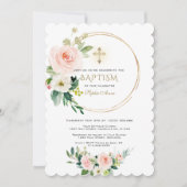Elegant Roze Blush Floral Gold Cross Baptisme Kaart (Voorkant)