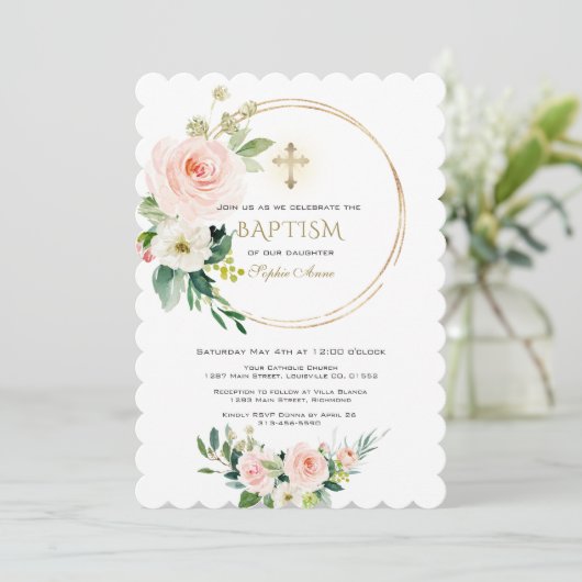 Elegant Roze Blush Floral Gold Cross Baptisme Kaart (Staand voorkant)