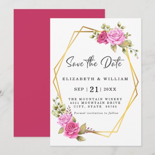 Elegant Roze Blush Floral Gold Geometric Save The Date (Voorkant / Achterkant)