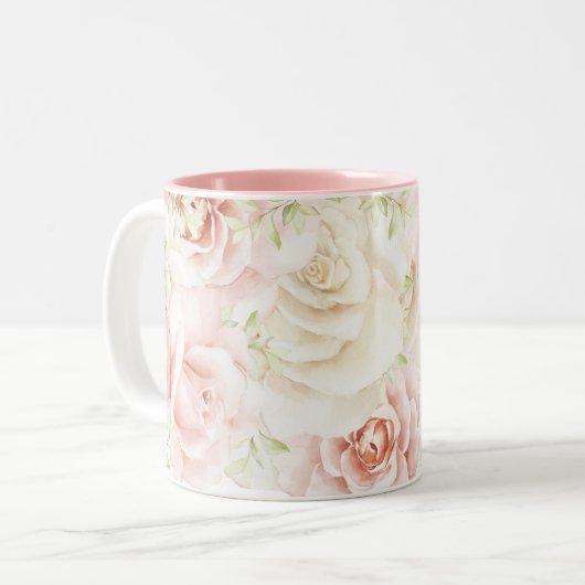 Elegant Roze Blush Floral Tweekleurige Koffiemok (Voorkant links)