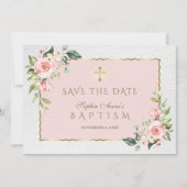 Elegant Roze Blush Flowers Cross Girl Baptisme Save The Date (Voorkant)