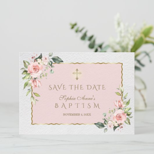 Elegant Roze Blush Flowers Cross Girl Baptisme Save The Date (Staand voorkant)