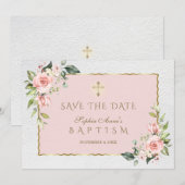 Elegant Roze Blush Flowers Cross Girl Baptisme Save The Date (Voorkant / Achterkant)