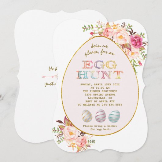 Elegant Roze Blush Flowers Gold Egg Hunt Pasen Kaart (Voorkant / Achterkant)