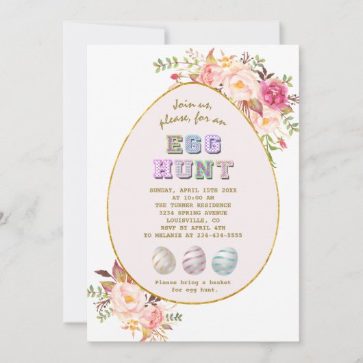 Elegant Roze Blush Flowers Gold Egg Hunt Pasen Kaart (Voorkant)