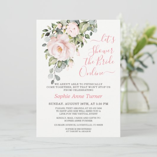 Elegant Roze Blush Flowers Virtueel Vrijgezellenfe Kaart (Staand voorkant)