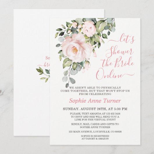 Elegant Roze Blush Flowers Virtueel Vrijgezellenfe Kaart (Voorkant / Achterkant)