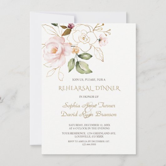 Elegant Roze Blush Gold Flowers Rehearings Dinner Kaart (Voorkant)