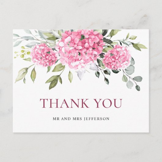 Elegant Roze Blush Hydrangea Eucalyptus Bedankt Briefkaart (Voorkant)