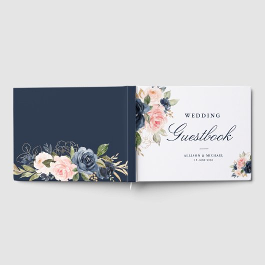 Elegant roze blush & navy bloemenbruiloft gastenbo gastenboek (Volledig)