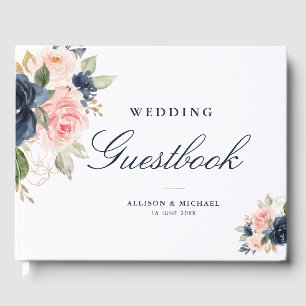 Elegant roze blush & navy bloemenbruiloft gastenbo gastenboek