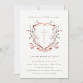 Elegant Roze Blush Wildflower Cross Crest Baptisme Kaart (Voorkant)