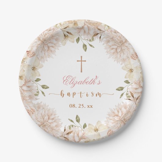 Elegant Roze Boho Bloemen Doop Papier Bord (Voorkant)
