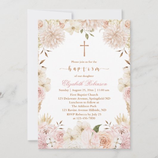 Elegant Roze Boho Bloemen Doop Uitnodiging (Voorkant)