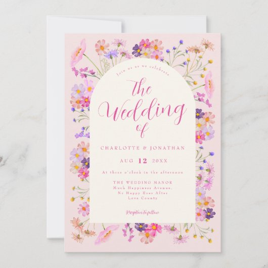 Elegant roze Boho Wildflower Wedding Kaart (Voorkant)