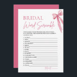 Elegant roze boog bruids woord scramble spel kaart<br><div class="desc">Antwoorden: 1. SLAAPKAMER 2. RING 3. BODES 4. BRUIDSMEISJE 5. JURK 6. TOGA 7. BRUID 8. TAART 9. BLOEMEN 10. HUWELIJKSREIS 11. FOTOGRAAF 12. GESCHENKEN 13. BRUILOFT 14. HUWELIJK 15. AISLE ___________________________________________ Ontwarren het plezier met onze "She's Tying the Knot" Pink Bow Bridal Word Scramble Game. Deze elegante en onderhoudende...</div>