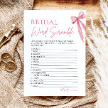 Elegant roze boog bruids woord scramble spel kaart<br><div class="desc">Antwoorden: 1. SLAAPKAMER 2. RING 3. BODES 4. BRUIDSMEISJE 5. JURK 6. TOGA 7. BRUID 8. TAART 9. BLOEMEN 10. HUWELIJKSREIS 11. FOTOGRAAF 12. GESCHENKEN 13. BRUILOFT 14. HUWELIJK 15. AISLE ___________________________________________ Ontwarren het plezier met onze "She's Tying the Knot" Pink Bow Bridal Word Scramble Game. Deze elegante en onderhoudende...</div>