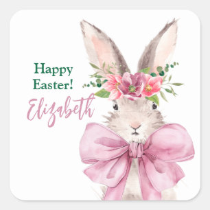 Elegant Roze boogkonijn Happy Easter konijn Vierkante Sticker