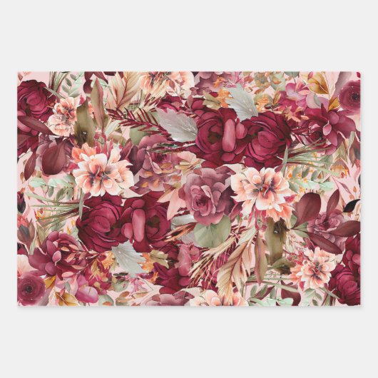 Elegant Roze Bourgondië Bloemen Naam Script Inpakpapier Vel (Voorkant)