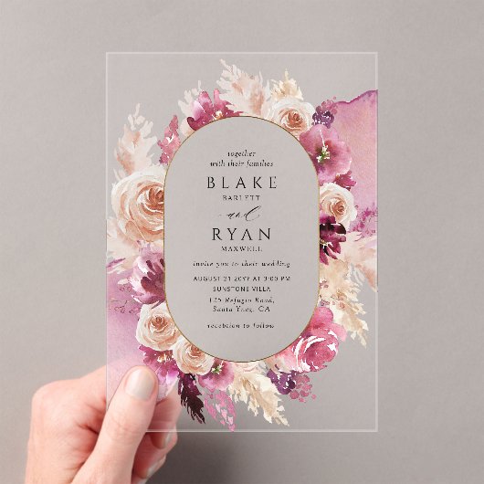 Elegant roze, Bourgondië, Champagne Bloemen bruilo Acryl Uitnodigingen (Insitu (Draagbaar))