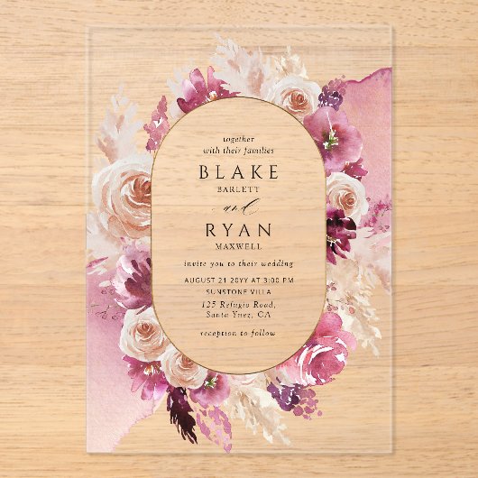 Elegant roze, Bourgondië, Champagne Bloemen bruilo Acryl Uitnodigingen (Voorkant)