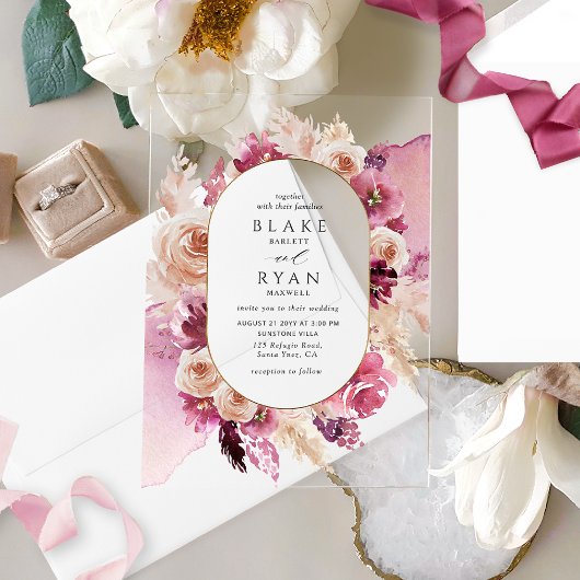 Elegant roze, Bourgondië, Champagne Bloemen bruilo Acryl Uitnodigingen