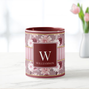 Elegant Roze Bourgondië Floral Stripe Monogram Mok