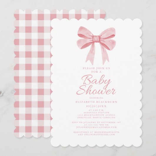 Elegant Roze Bow Baby shower Girly Gingham Check Kaart (Voorkant / Achterkant)