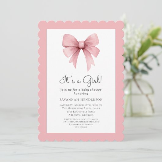 Elegant Roze Bow Baby shower Invitation Kaart (Staand voorkant)