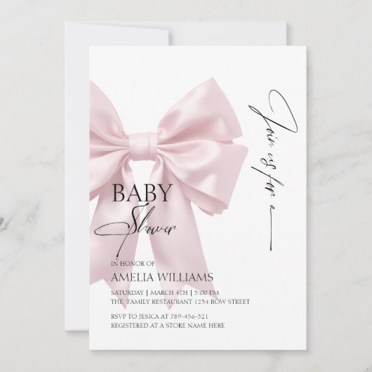 Elegant Roze Bow Baby shower Invitation Kaart (Voorkant)