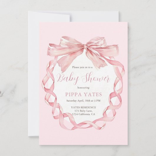 Elegant Roze Bow Baby shower Invitation Preppy Kaart (Voorkant)