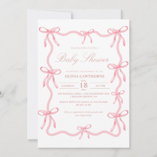 Elegant Roze Bow Baby shower Kaart (Voorkant)