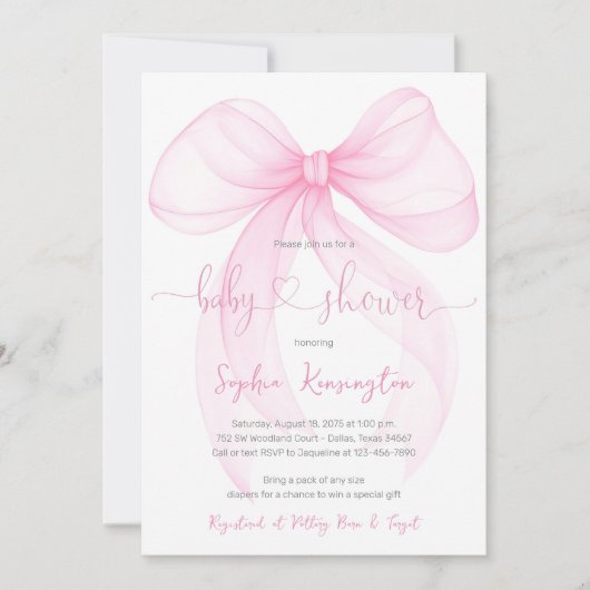 Elegant Roze Bow Baby shower Kaart (Voorkant)